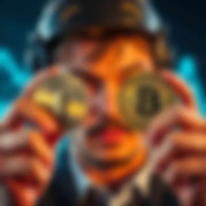 A person looking at two coins labeled ETH and BTC, considering which to choose for investment
