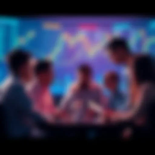 People discussing trading strategies and current events with charts and graphs in the background