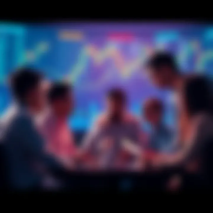 People discussing trading strategies and current events with charts and graphs in the background