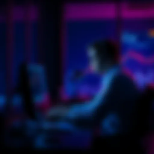 Individual focused on trading on BitMart while sitting at a desk in dim light, resisting sleep.