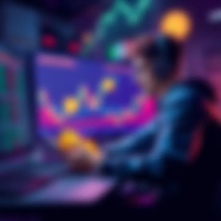 A beginner exploring memecoins on the Solana blockchain with charts and tokens visible in the background.