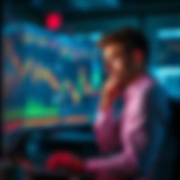 A beginner trader looking confused at charts and data on a computer screen, showing signs of frustration with trading.