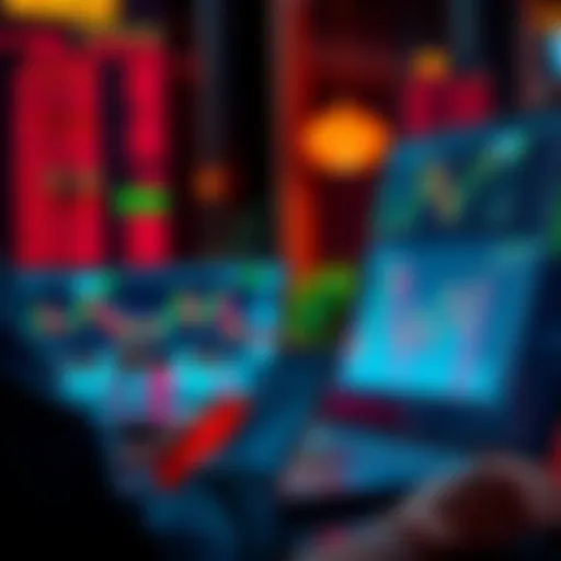 A person using a laptop with a VPN connection to trade on MEXC while surrounded by financial charts and graphs