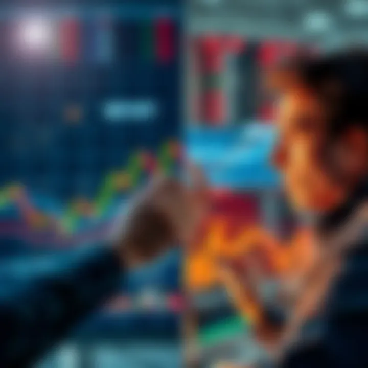 A split image showing a person analyzing market charts on one side, and another person looking at buying opportunities on the other side, symbolizing different trading views.