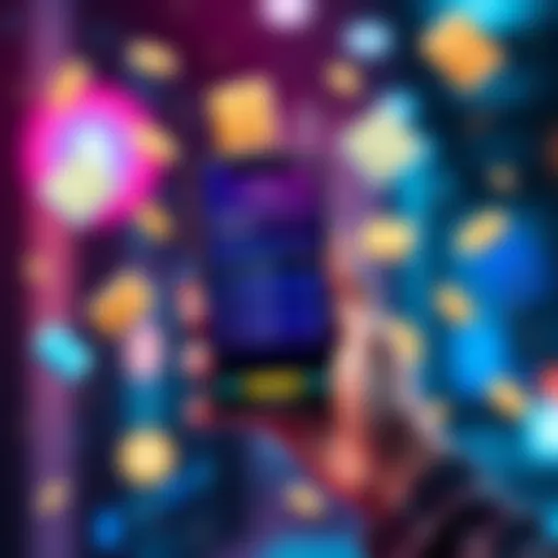 A person holding a smartphone showing a trading app with USDT rewards, surrounded by cash and bonus icons