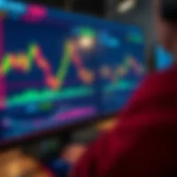 A close-up of a computer screen displaying a trading simulator with fast-moving historical charts and graphs, allowing traders to practice their skills.