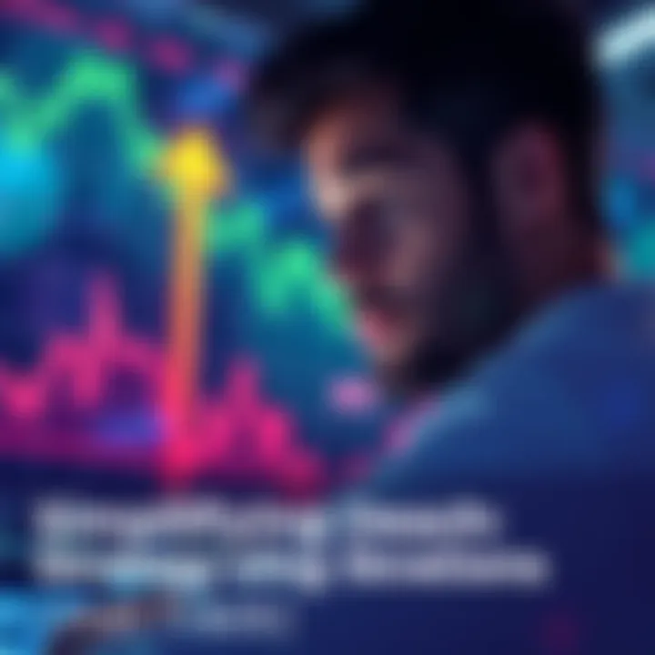 A person looking at a stock chart with an upward and downward arrow, symbolizing a quick trading decision in 5 minutes.