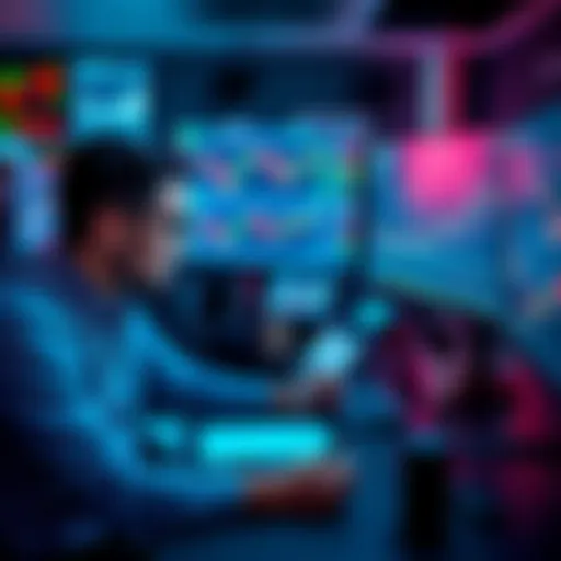 A professional trader analyzing charts and making notes at a desk with multiple screens showing trading data and graphs.