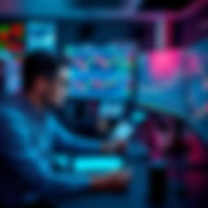 A professional trader analyzing charts and making notes at a desk with multiple screens showing trading data and graphs.