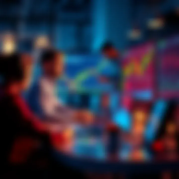 A group of traders discussing strategies and tips at a desk with charts and laptops