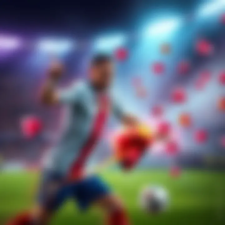 A soccer player representing Vitinha with essence or gems in the background, symbolizing a trade decision in a World Cup game.