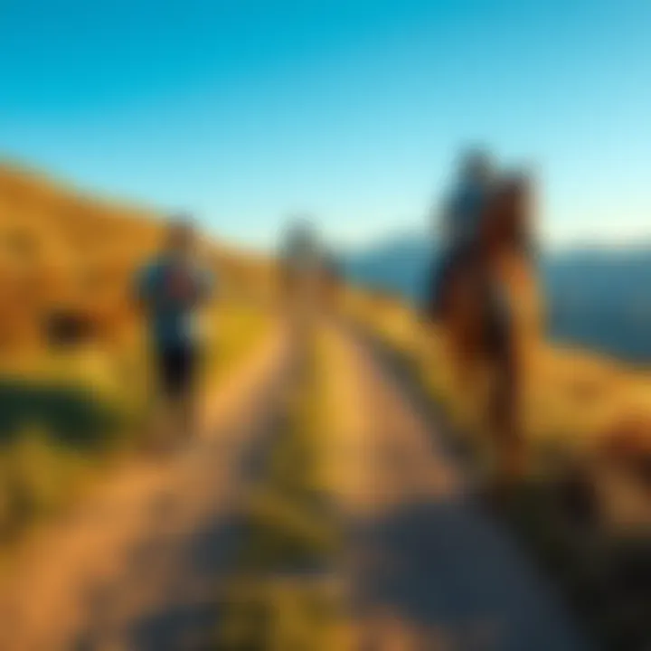 A trail runner pauses on a dirt path as horse riders approach from the opposite direction, creating a moment of uncertainty about yielding etiquette.