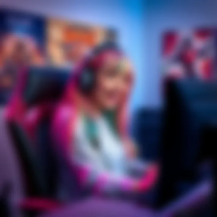 A 22-year-old trans girl sits at her computer with a gaming headset, looking excited and inviting. She has colorful hair and a joyful smile, surrounded by gaming posters and a vibrant gaming setup.