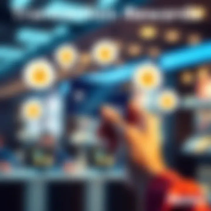 A person holding a credit card with thought bubbles showing a large transaction and multiple smaller transactions around them