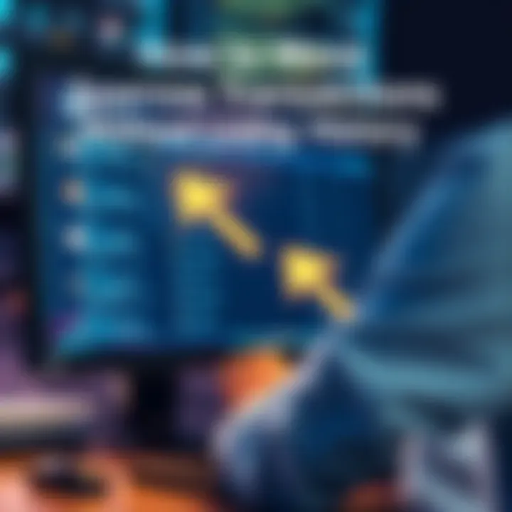 A person moving computer files, showing transaction history on a screen with arrows indicating transfer, while maintaining connections.