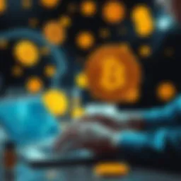 A person using a laptop to transfer Bitcoin to a digital wallet with Bitcoin symbols around