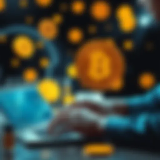 A person using a laptop to transfer Bitcoin to a digital wallet with Bitcoin symbols around