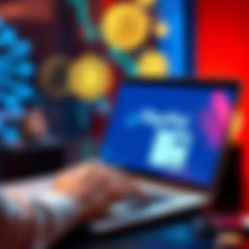 A person using LocalCoinSwap on a laptop to transfer cryptocurrency from USA to EU PayPal account, with digital currency icons in the background.