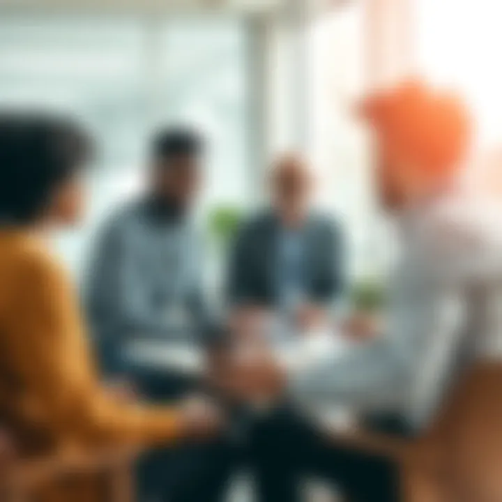 A diverse group of professionals discussing strategies for institutional adoption in a modern office setting.