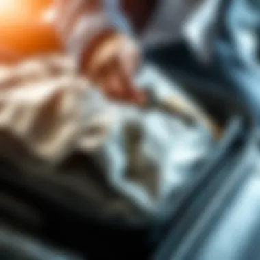 A person holding a metal key while packing a suitcase for a cross-country move