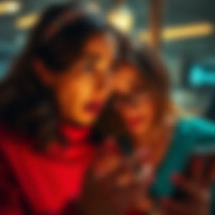 A shocked woman looking at her phone with a distressed expression, while her friend comforts her.