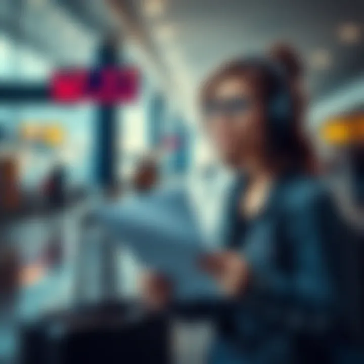 Travel Insurance Denial A frustrated traveler at an airport, holding paperwork and looking concerned about their denied insurance claim due to flight delays.