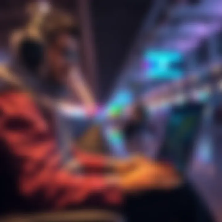 A person using an Air device while on a laptop in an airport lounge, showcasing seamless connectivity during international travel.