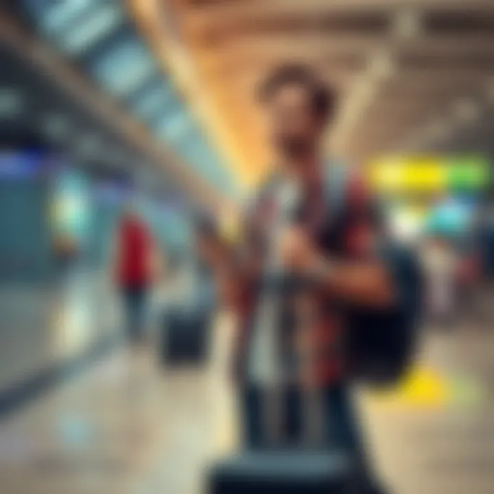 A frustrated traveler stands at an airport terminal, holding a phone and luggage, reflecting disappointment in insurance claims process after flight delay.