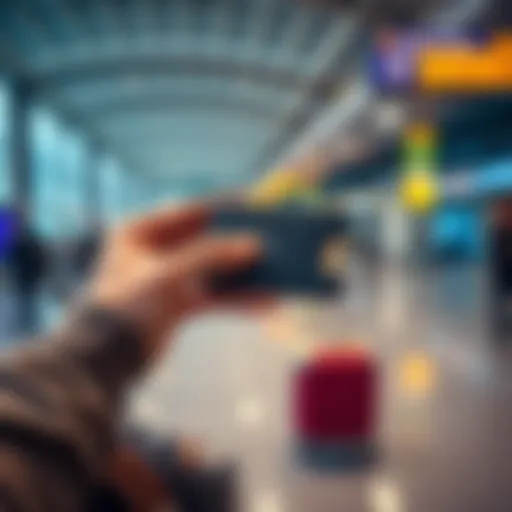 A traveler securely holding a hardware wallet in an airport setting, showcasing the importance of cryptocurrency management while on the go.
