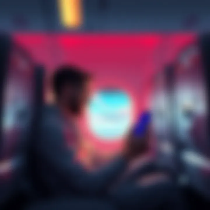 Person sitting on an airplane seat, frustrated while trying to use AE app, with a phone in hand showing loading screen