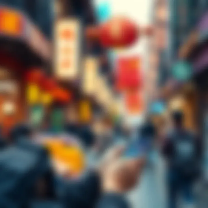 A tourist using a smartphone with payment apps in a busy street in China, surrounded by vendors and bright signs