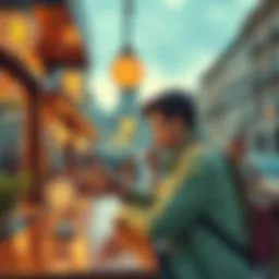 A traveler using a smartphone to pay with cryptocurrency at a cafe while exploring a city.