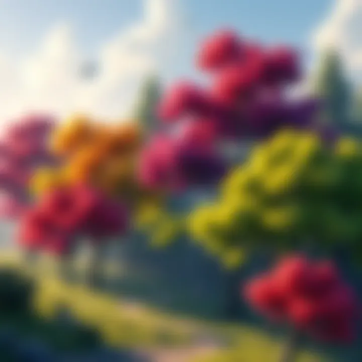Illustration showing various in-game trees including LPUs, red, purple, and yellow trees, alongside parcels in a gaming environment.