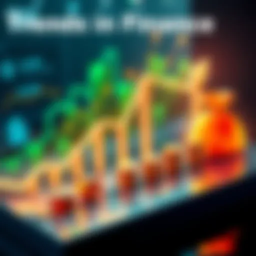 A graph showing upward trends in finance, with symbols representing investment opportunities like stocks and money bags.