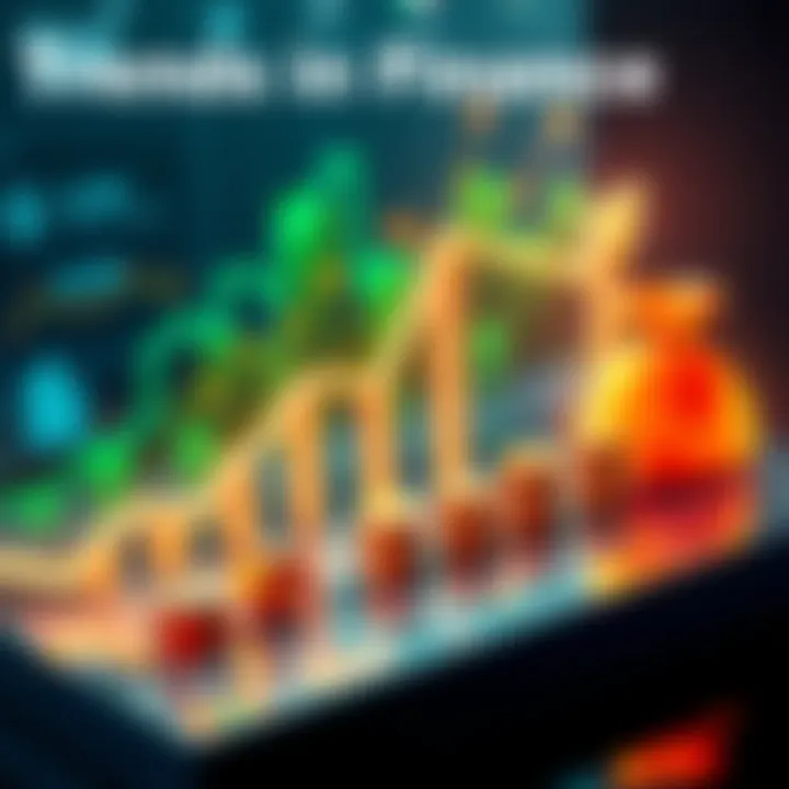 A graph showing upward trends in finance, with symbols representing investment opportunities like stocks and money bags.