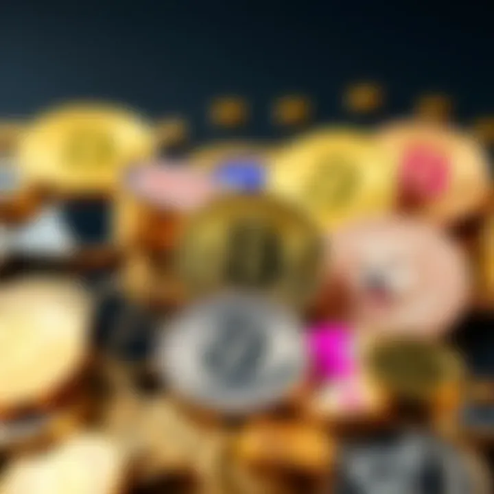 A collection of trendy cryptocurrency coins, including representations of TrumpCoin and Doge, showing signs of volatility and speculation.