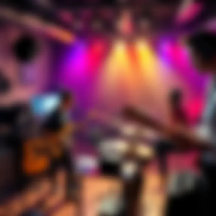 Artists collaborating in a lively studio, showcasing modern music creation with instruments and technology.