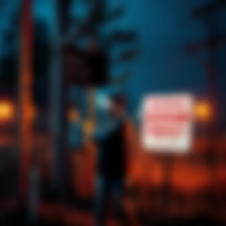 A person caught on a private property standing next to a warning sign, looking surprised.