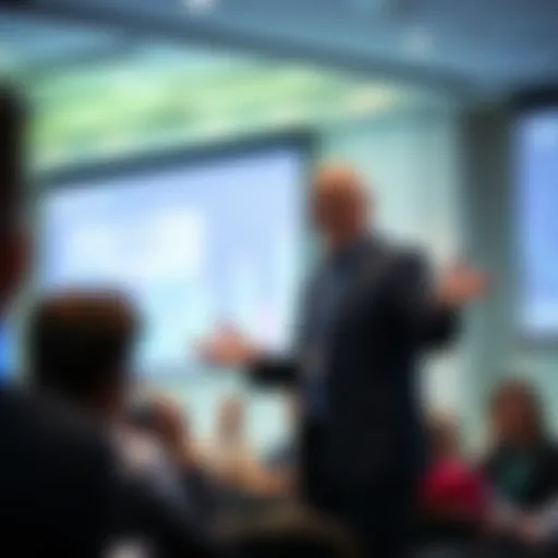 Trevor Filter, CEO of Innovative Tech, speaking at a conference with a confident expression, presenting ideas to an audience.