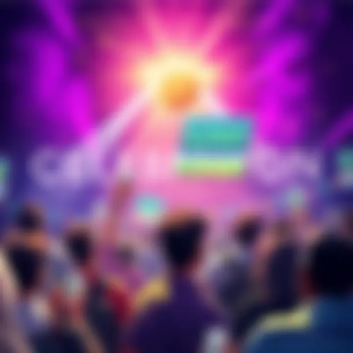 TREZOR Community Celebration A lively scene showing TREZOR community members celebrating their milestone with banners and giveaways.