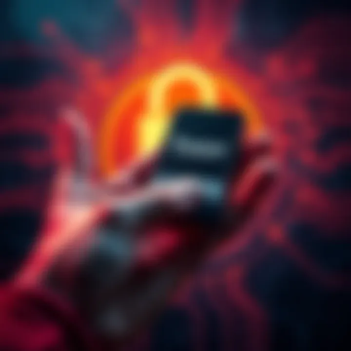 A hand holding a new Trezor hardware wallet with a digital security lock symbol in the background