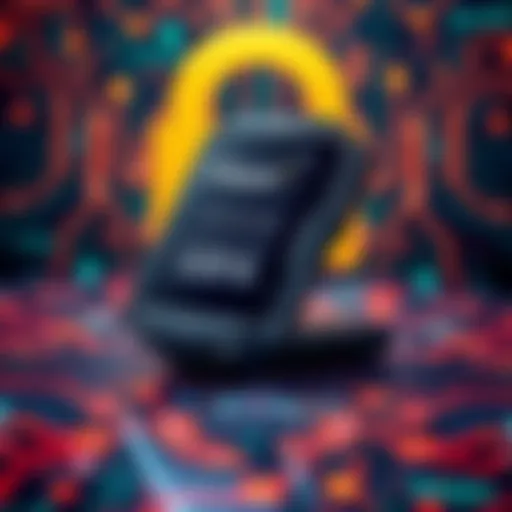 A sleek Trezor hardware wallet with a digital display, showcasing its modern design and security features, placed on a tech-themed background with digital security elements.