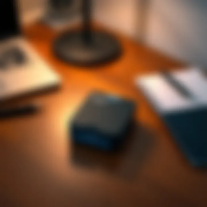 A Trezor Safe 7 cryptocurrency wallet placed on a wooden desk, alongside a laptop and a notebook, symbolizing digital security.