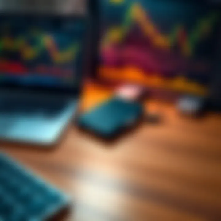 A Trezor wallet device sits on a wooden desk beside a laptop and cryptocurrency charts, illustrating its role in securing digital assets.