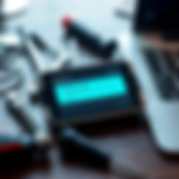 A Trezor One wallet displaying an error message on the screen during a firmware update, surrounded by tools like a screwdriver and a laptop for troubleshooting.