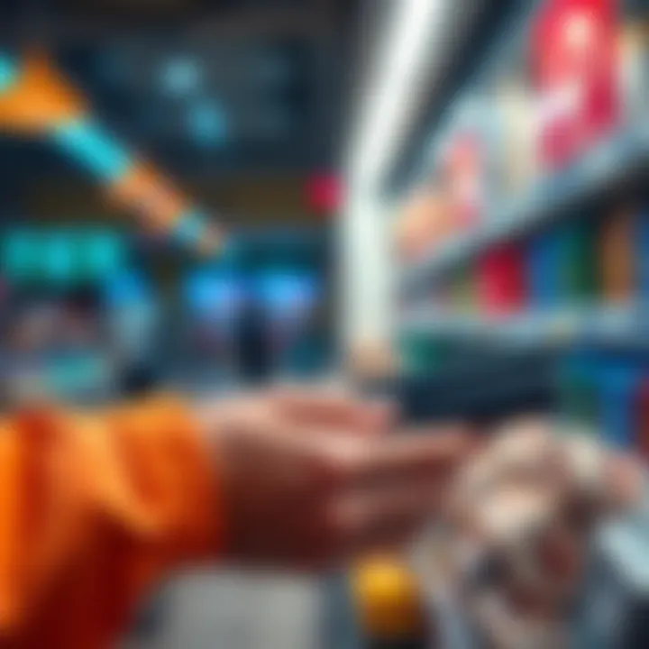 A person using a Trezor hardware wallet at a store checkout to make a purchase.