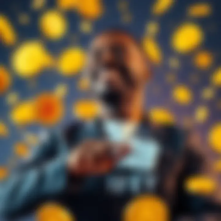 An African American man celebrating his success with Dogecoin, surrounded by digital currency symbols, looking confident and happy.