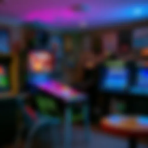 A vibrant Tron Pinball machine beside a custom MAME arcade setup, filled with classic game characters, showcasing a nostalgic gaming environment.