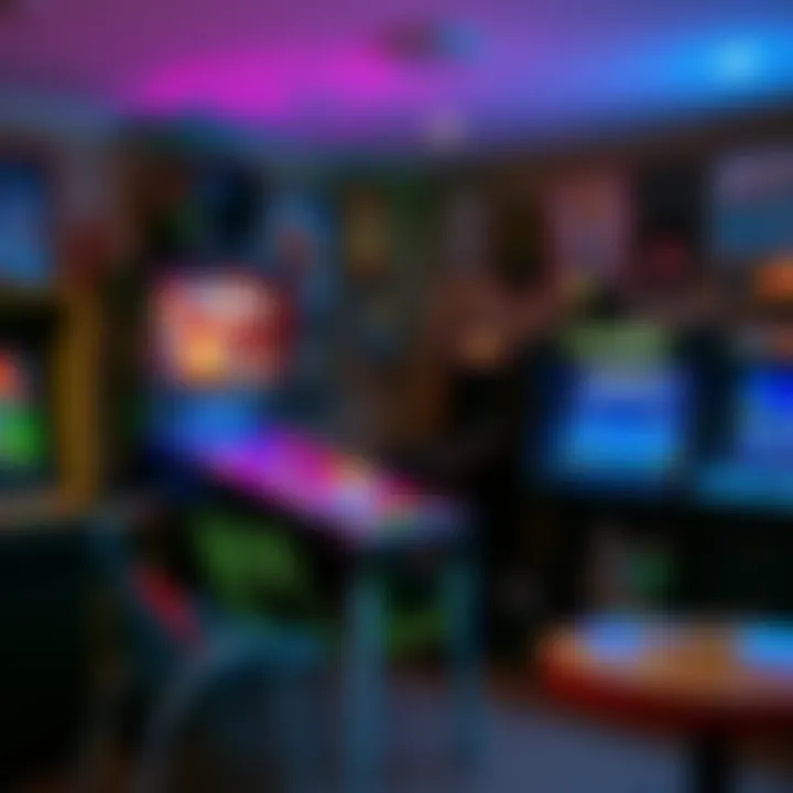 A vibrant Tron Pinball machine beside a custom MAME arcade setup, filled with classic game characters, showcasing a nostalgic gaming environment.