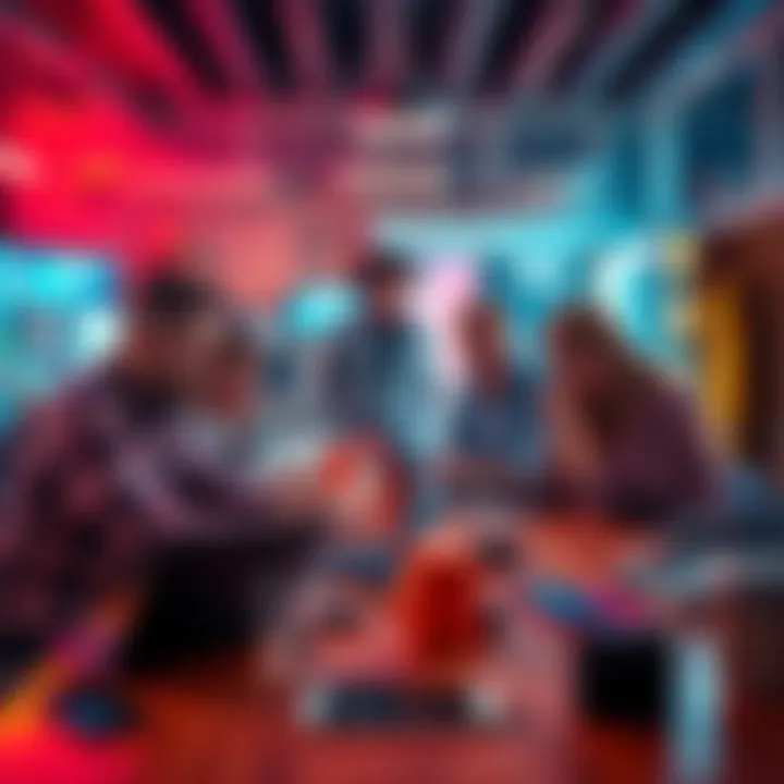 A group of people discussing solutions to tech problems, with devices like laptops and smartphones on a table